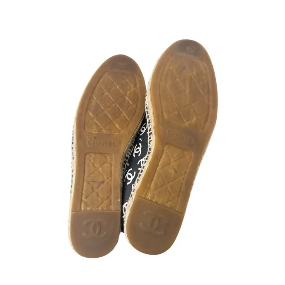 Chanel CC Monogram Logo Lambskin Leather Black White Espadrilles Size 40